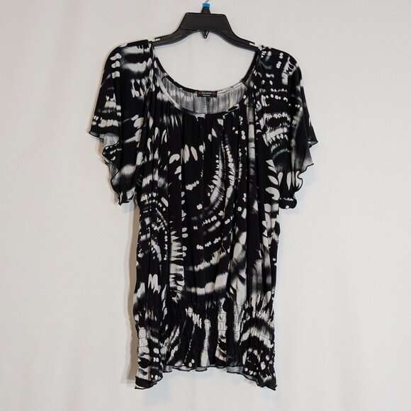 COCOMO WOMAN Black/White Short Sleeve Smocked Hips Pullover Top; Size 18W - Picture 1 of 5